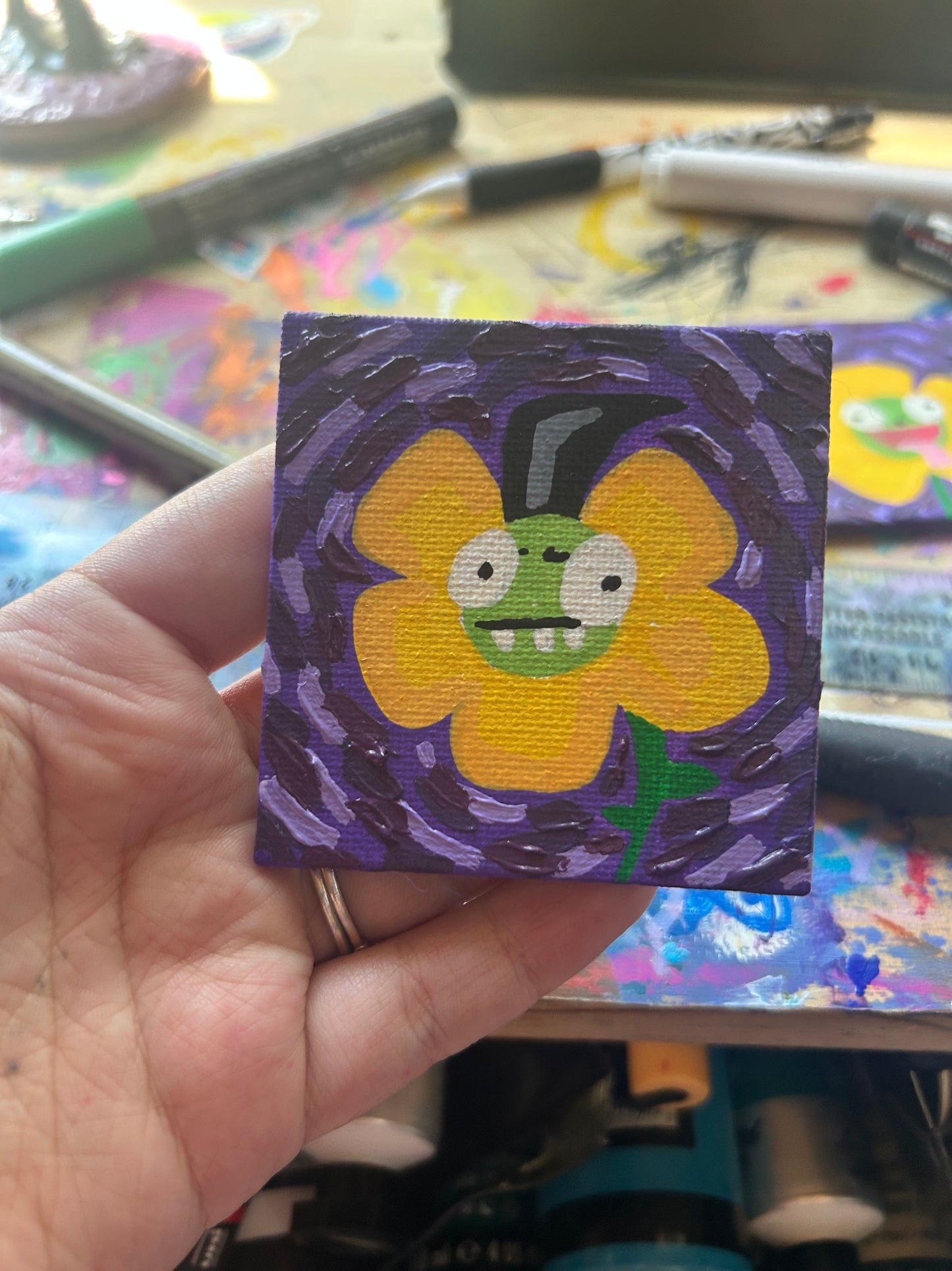 Green Gremlin Flower Mini Magnet Painting