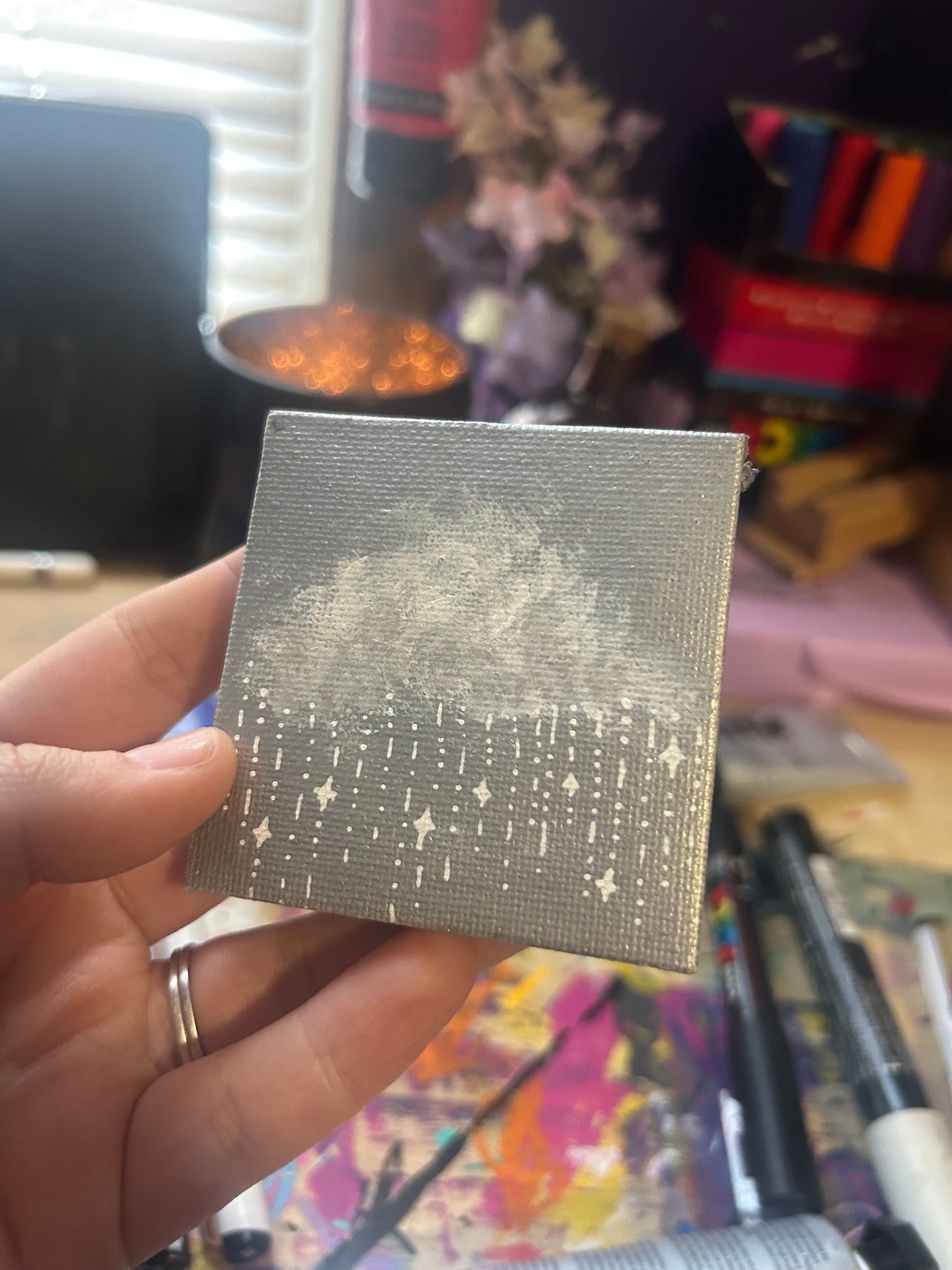 Cloud Raining Stars - Silver Mini Magnet Painting (3x3)