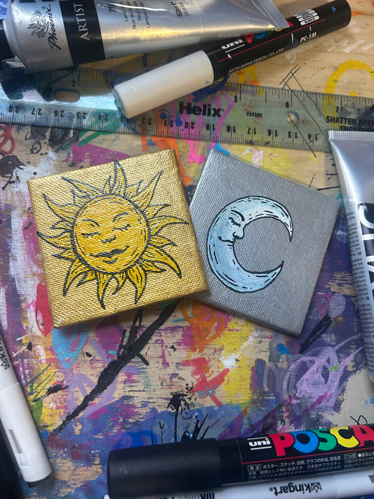 Sun & Moon Set - Gold And Silver Mini Magnet Pair (3x3 each)