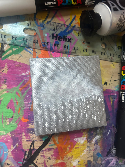 Cloud Raining Stars - Silver Mini Magnet Painting (3x3)